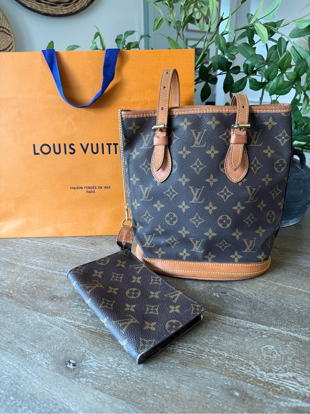 Louis Vuitton Brown Monogram Canvas Bucket Bag with Wallet